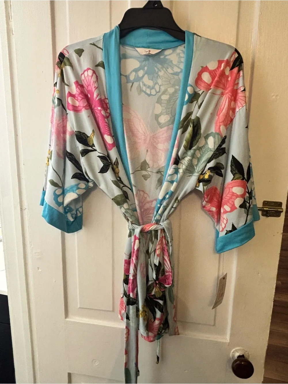 Secret Treasures Butterfly & Floral Wrap Robe - Light Blue, Pink & Turquoise
